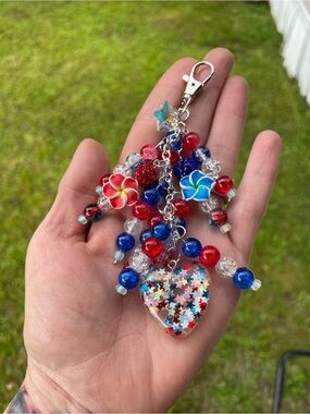 Patriotic Red, Blue & Clear Beaded Heart Keychain purse charm